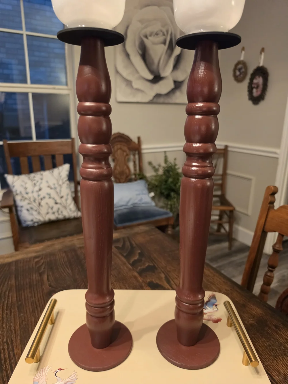 Vintage Wood candlestick holders glass tulip-shaped hurricane shade bobeches